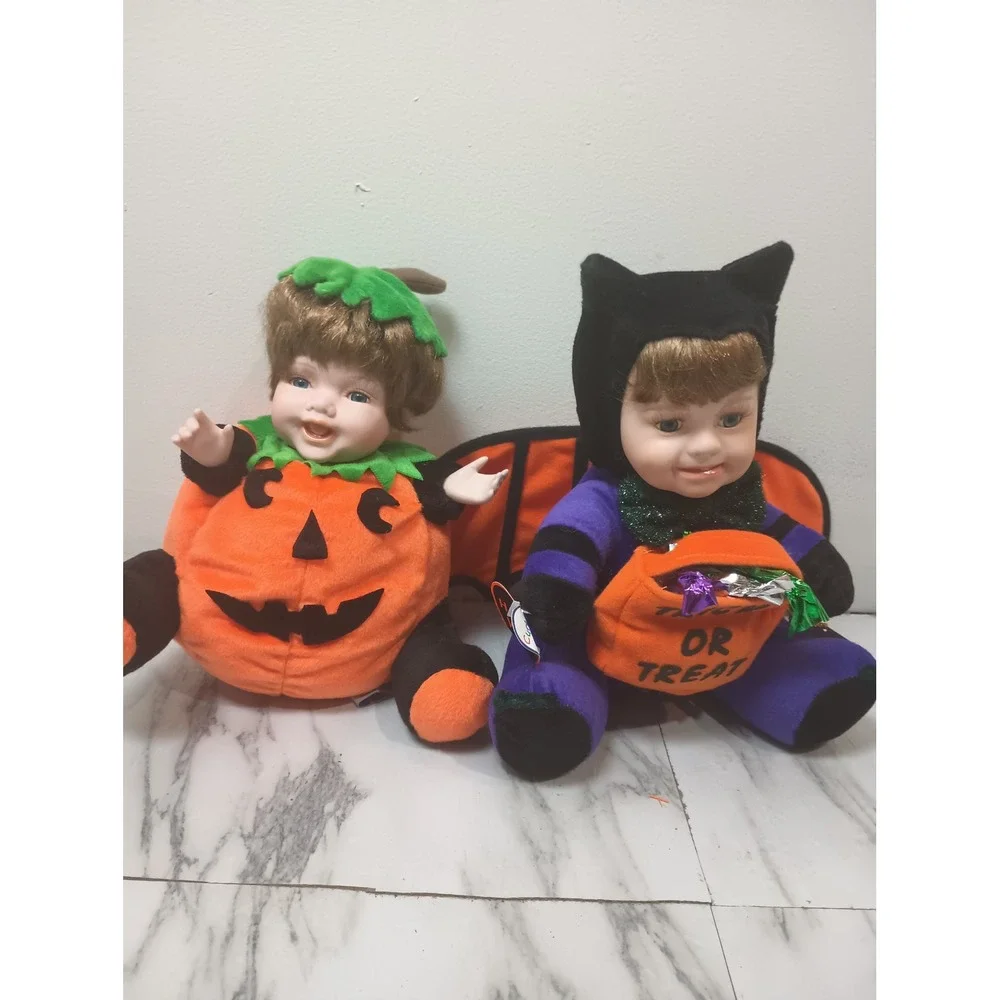Cuddle Kids 2002 Halloween Batty Bobbie & Pumpkin Doll‎ Set Vintage Plush